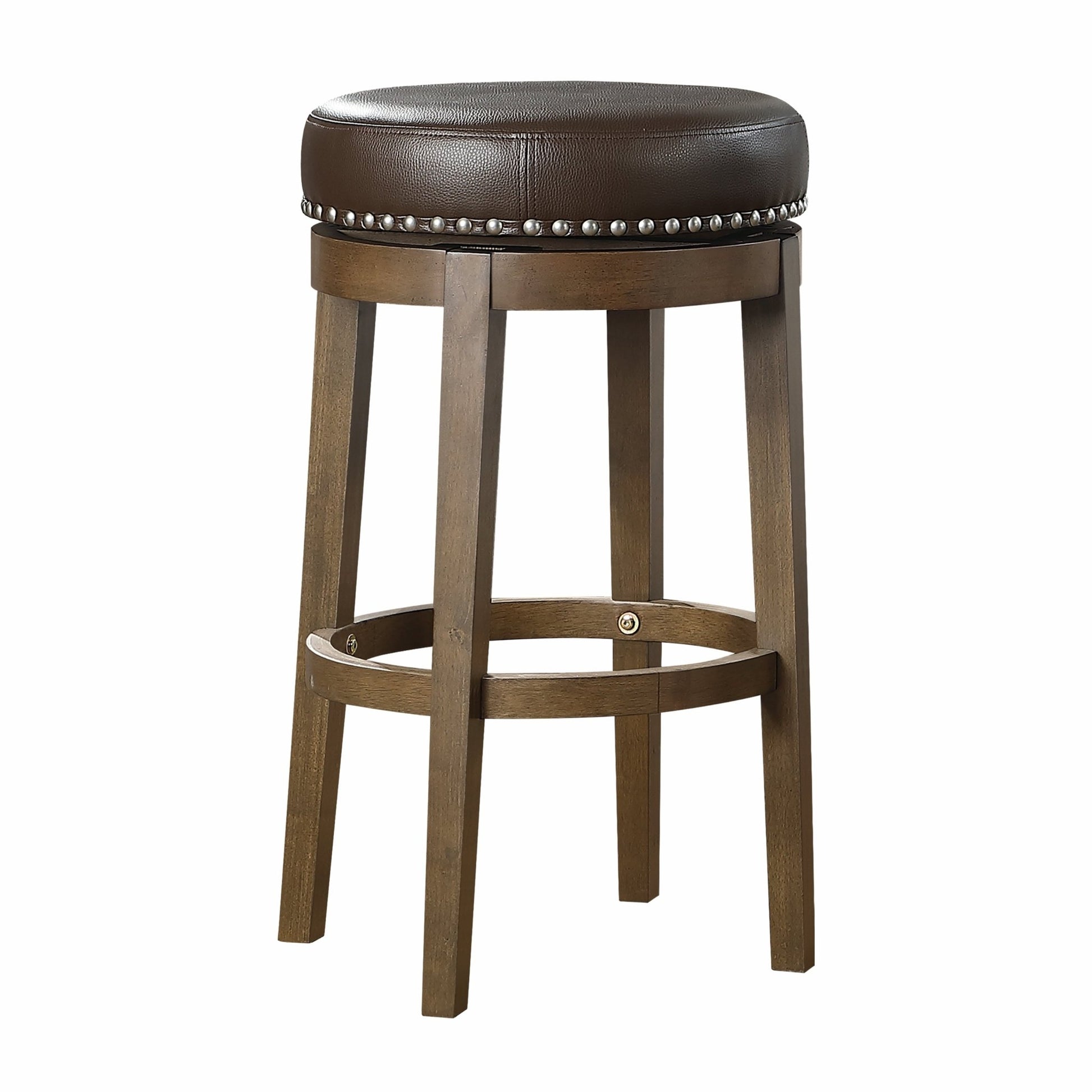 Round Swivel Bar Stools Set of 2, Brown Faux Leather 360 - degree Swivel Seat Nailhead Trim Solid Wood Frame Brown Finish Furniture - 1st Choice Furniture Direct