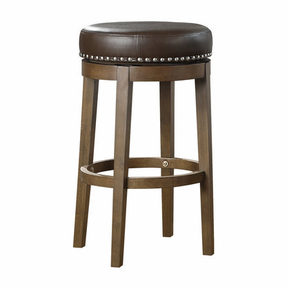 Round Swivel Bar Stools Set of 2, Brown Faux Leather 360 - degree Swivel Seat Nailhead Trim Solid Wood Frame Brown Finish Furniture - 1st Choice Furniture Direct