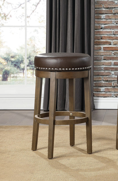 Round Swivel Bar Stools Set of 2, Brown Faux Leather 360 - degree Swivel Seat Nailhead Trim Solid Wood Frame Brown Finish Furniture - 1st Choice Furniture Direct