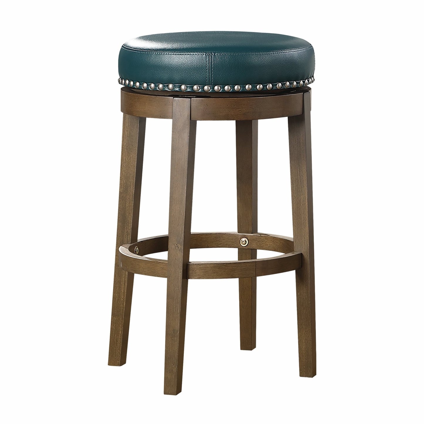 Round Swivel Bar Stools Set of 2, Green Faux Leather 360 - degree Swivel Seat Nailhead Trim Solid Wood Frame Brown Finish Furniture - 1st Choice Furniture Direct