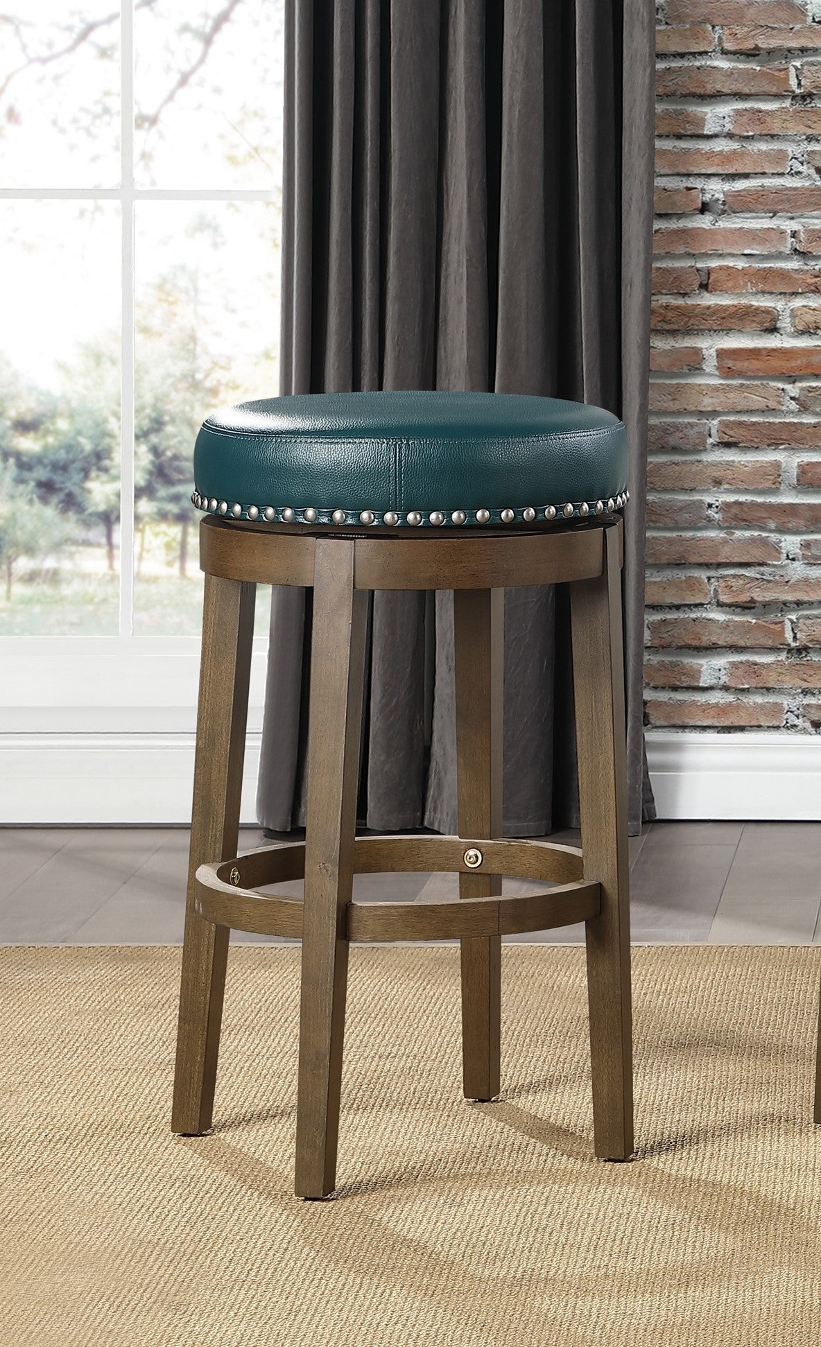 Round Swivel Bar Stools Set of 2, Green Faux Leather 360 - degree Swivel Seat Nailhead Trim Solid Wood Frame Brown Finish Furniture - 1st Choice Furniture Direct