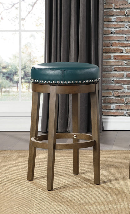 Round Swivel Bar Stools Set of 2, Green Faux Leather 360 - degree Swivel Seat Nailhead Trim Solid Wood Frame Brown Finish Furniture - 1st Choice Furniture Direct