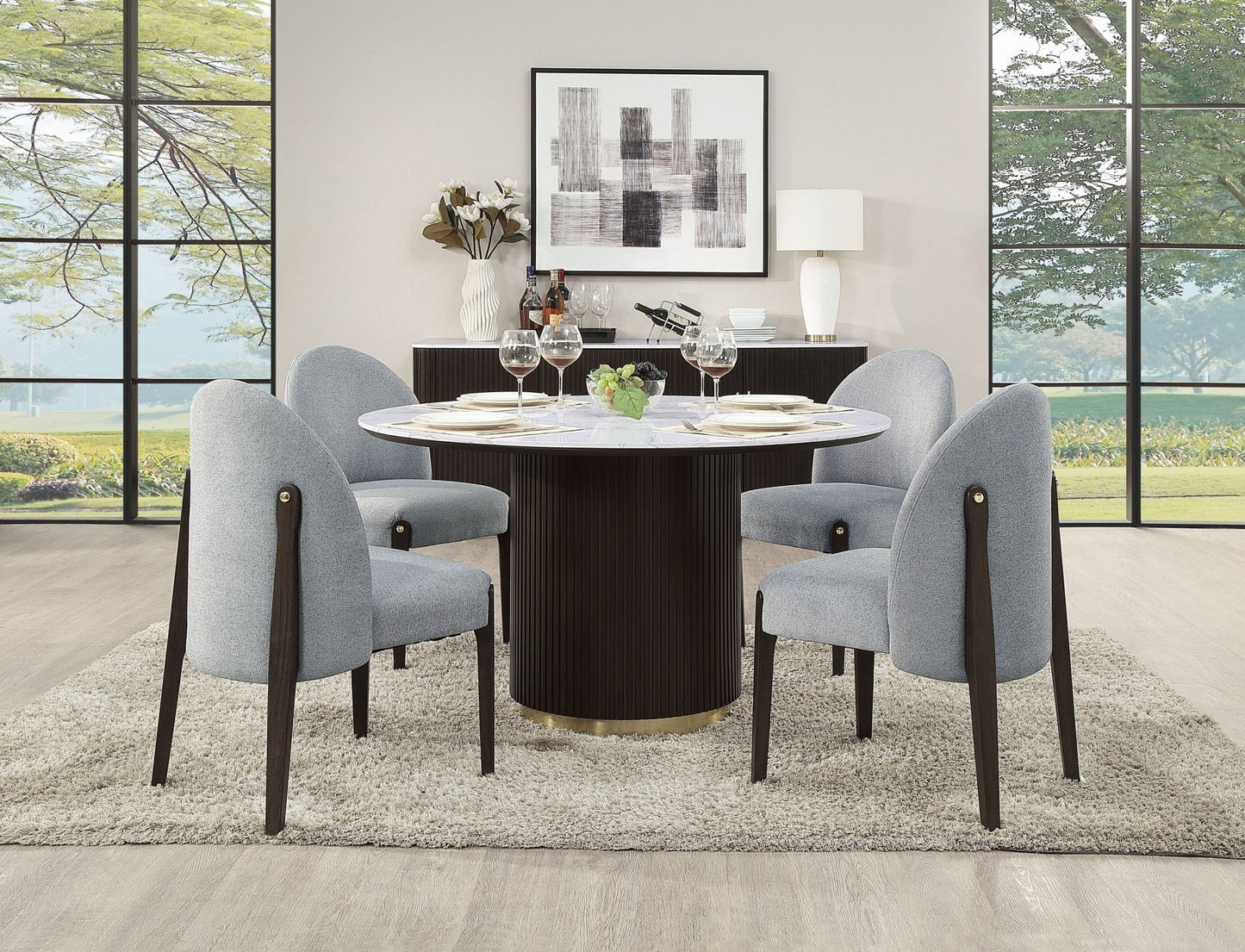 Round White Faux Marble Dining Table with Gold Base - 1st Choice Furniture Direct