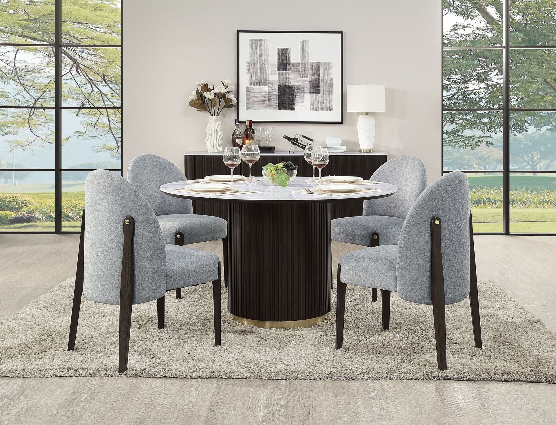 Round White Faux Marble Dining Table with Gold Base - 1st Choice Furniture Direct