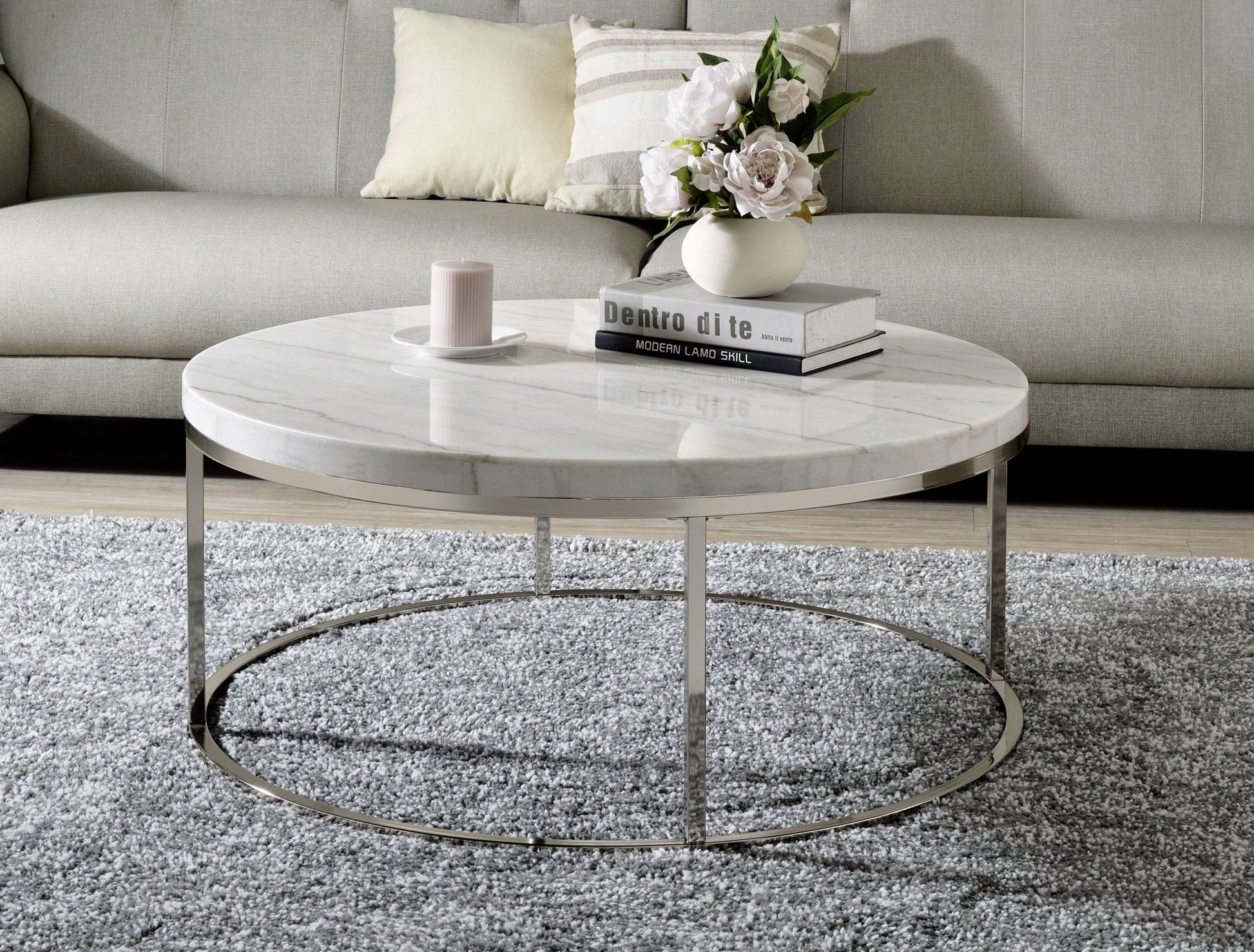 Round White Marble Coffee Table with Nickel Frame - 1st Choice Furniture Direct