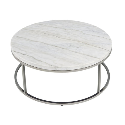 Round White Marble Coffee Table with Nickel Frame - 1st Choice Furniture Direct