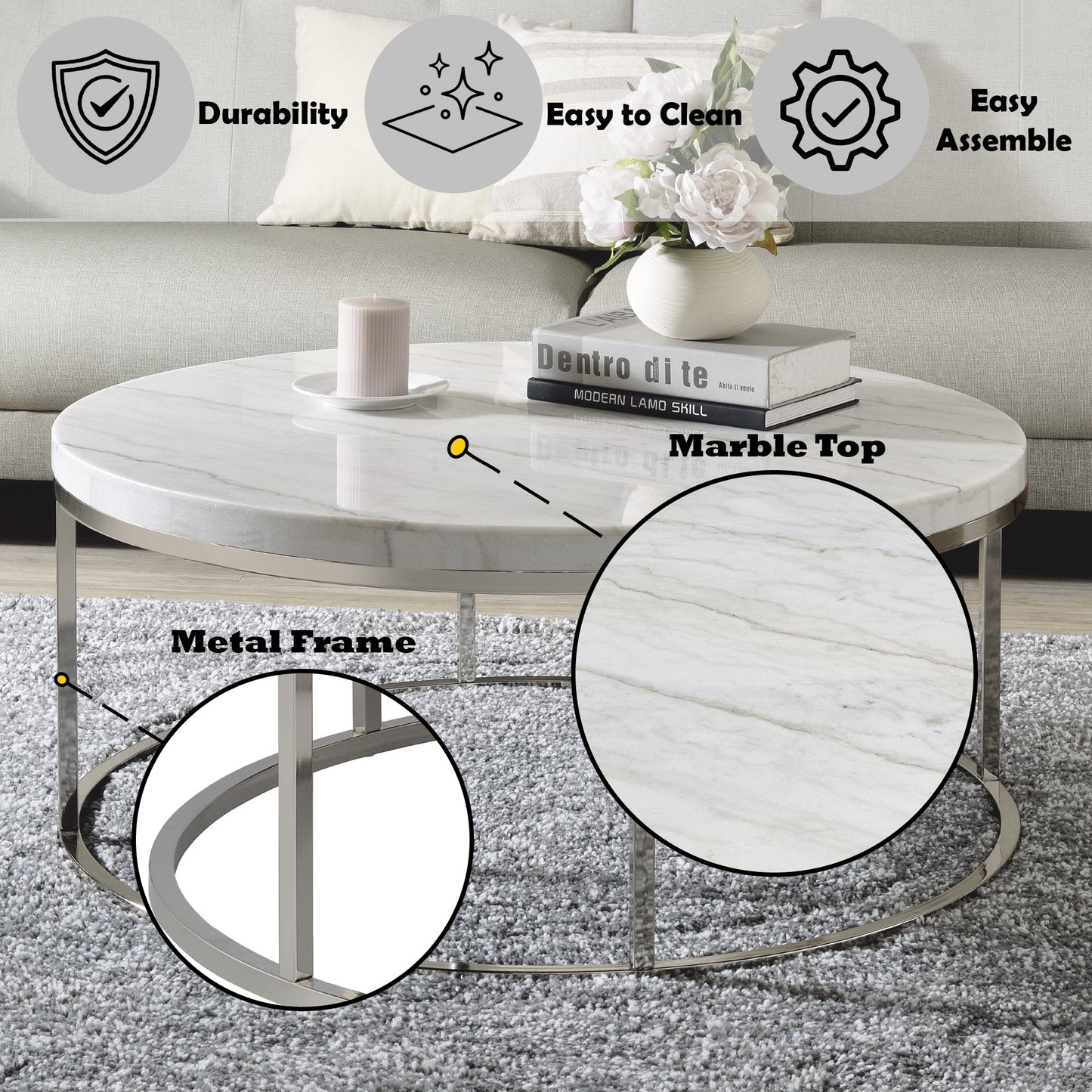 Round White Marble Coffee Table with Nickel Frame - 1st Choice Furniture Direct