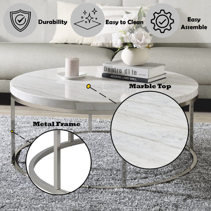 Round White Marble Coffee Table with Nickel Frame - 1st Choice Furniture Direct