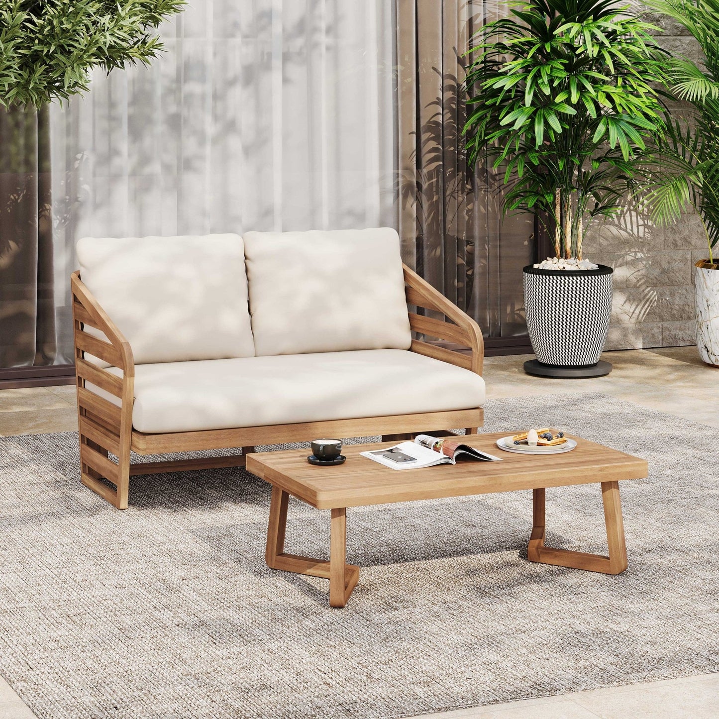 Royal Acacia Wood Loveseat and Coffee Table Set, Beige - 1st Choice Furniture Direct
