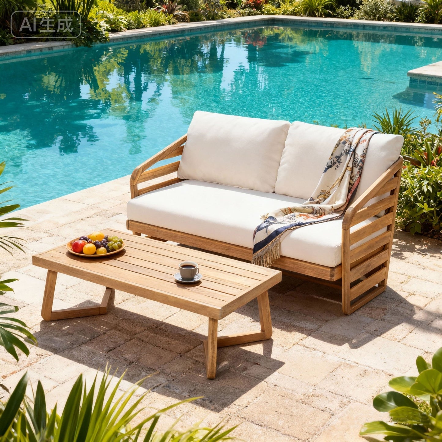 Royal Acacia Wood Loveseat and Coffee Table Set, Beige - 1st Choice Furniture Direct