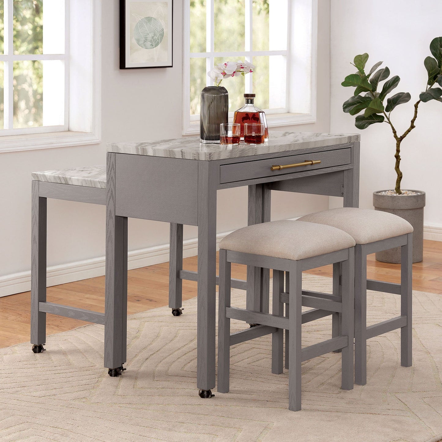 Rustic 3pc Dining Set Counter Height Dining Table w Storage drawer Faux Marble Top 2x Stools Light Gray Dining Room Furniture - 1st Choice Furniture Direct