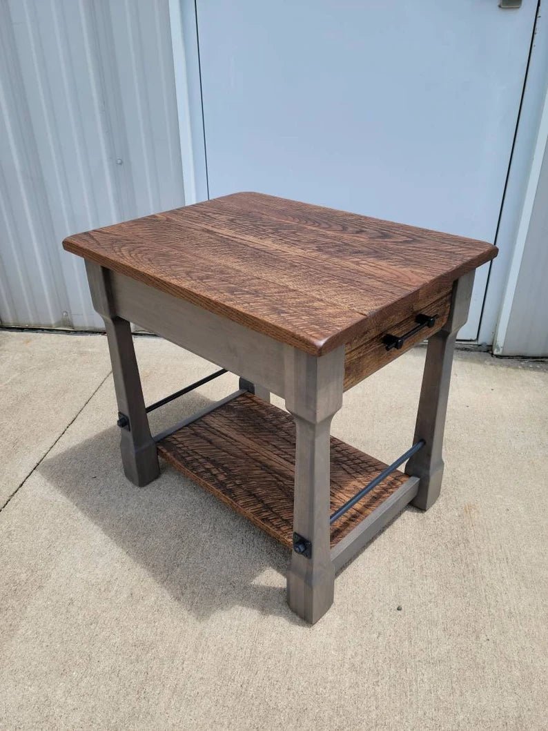 Rustic Barn Wood End Table with Drawer – Oak & Steel Farmhouse Side Table - 1st Choice Furniture Direct
