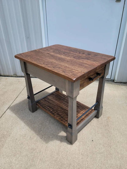 Rustic Barn Wood End Table with Drawer – Oak & Steel Farmhouse Side Table - 1st Choice Furniture Direct