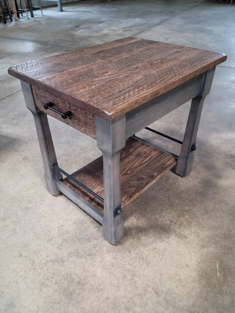 Rustic Barn Wood End Table with Drawer – Oak & Steel Farmhouse Side Table - 1st Choice Furniture Direct
