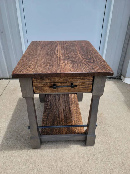 Rustic Barn Wood End Table with Drawer – Oak & Steel Farmhouse Side Table - 1st Choice Furniture Direct
