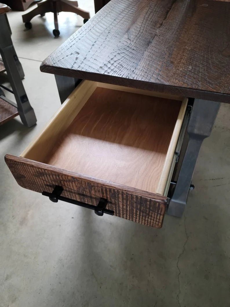Rustic Barn Wood End Table with Drawer – Oak & Steel Farmhouse Side Table - 1st Choice Furniture Direct