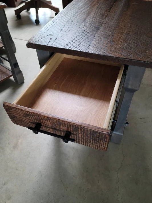 Rustic Barn Wood End Table with Drawer – Oak & Steel Farmhouse Side Table - 1st Choice Furniture Direct