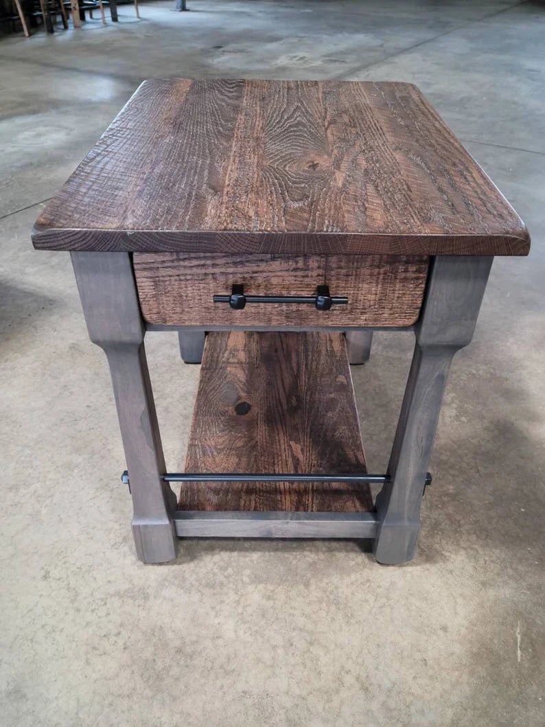 Rustic Barn Wood End Table with Drawer – Oak & Steel Farmhouse Side Table - 1st Choice Furniture Direct