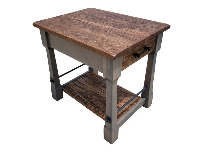 Rustic Barn Wood End Table with Drawer – Oak & Steel Farmhouse Side Table - 1st Choice Furniture Direct