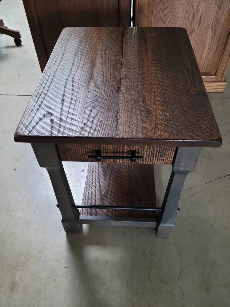 Rustic Barn Wood End Table with Drawer – Oak & Steel Farmhouse Side Table - 1st Choice Furniture Direct