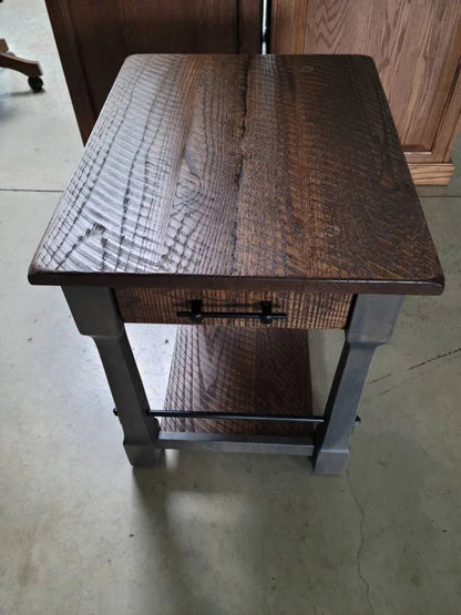 Rustic Barn Wood End Table with Drawer – Oak & Steel Farmhouse Side Table - 1st Choice Furniture Direct