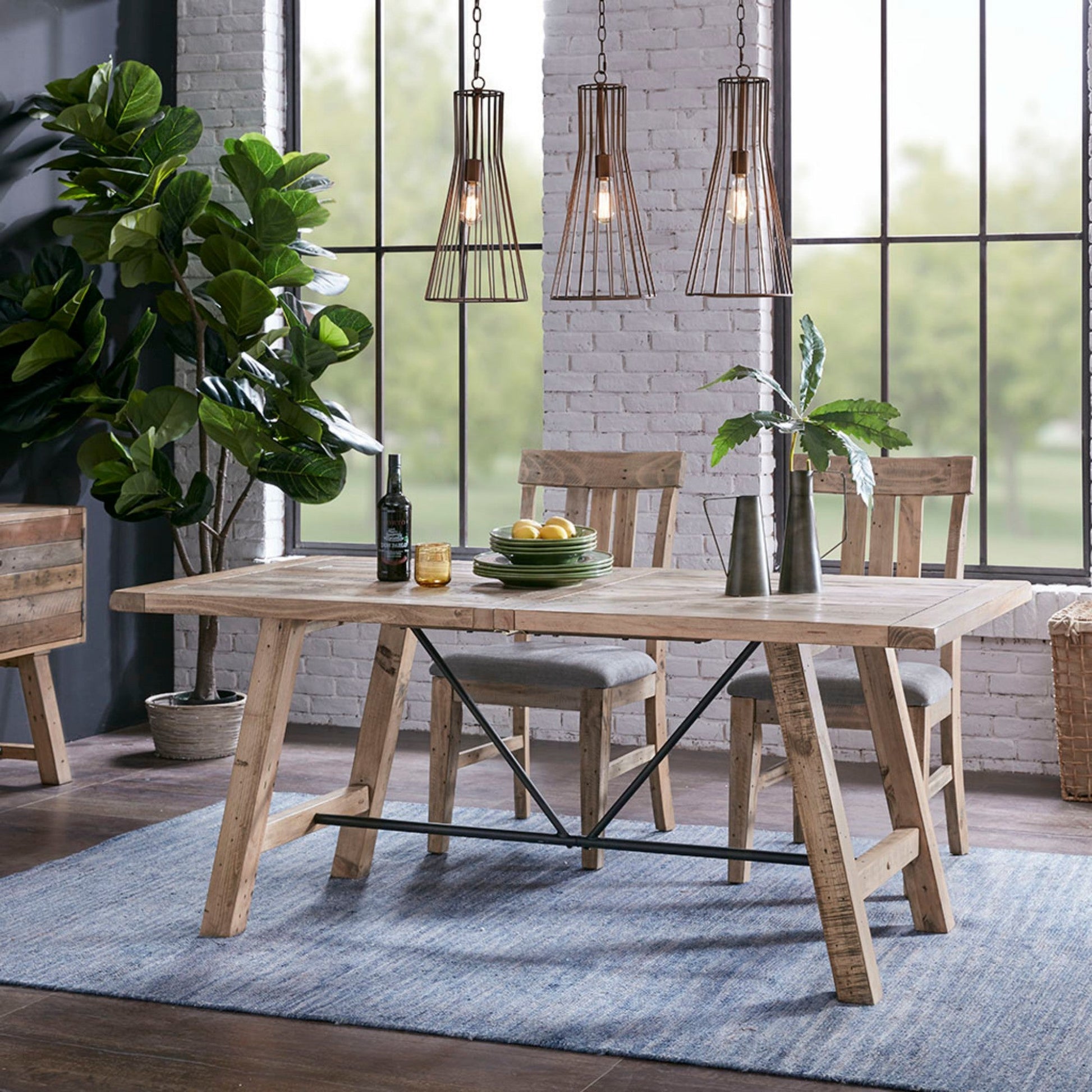 Rustic Dining Table with Metal Support in Natural Pine Wood Finish, 72 x 36 inches - 1st Choice Furniture Direct