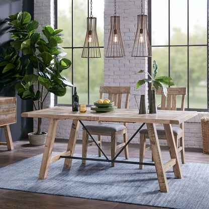 Rustic Dining Table with Metal Support in Natural Pine Wood Finish, 72 x 36 inches - 1st Choice Furniture Direct