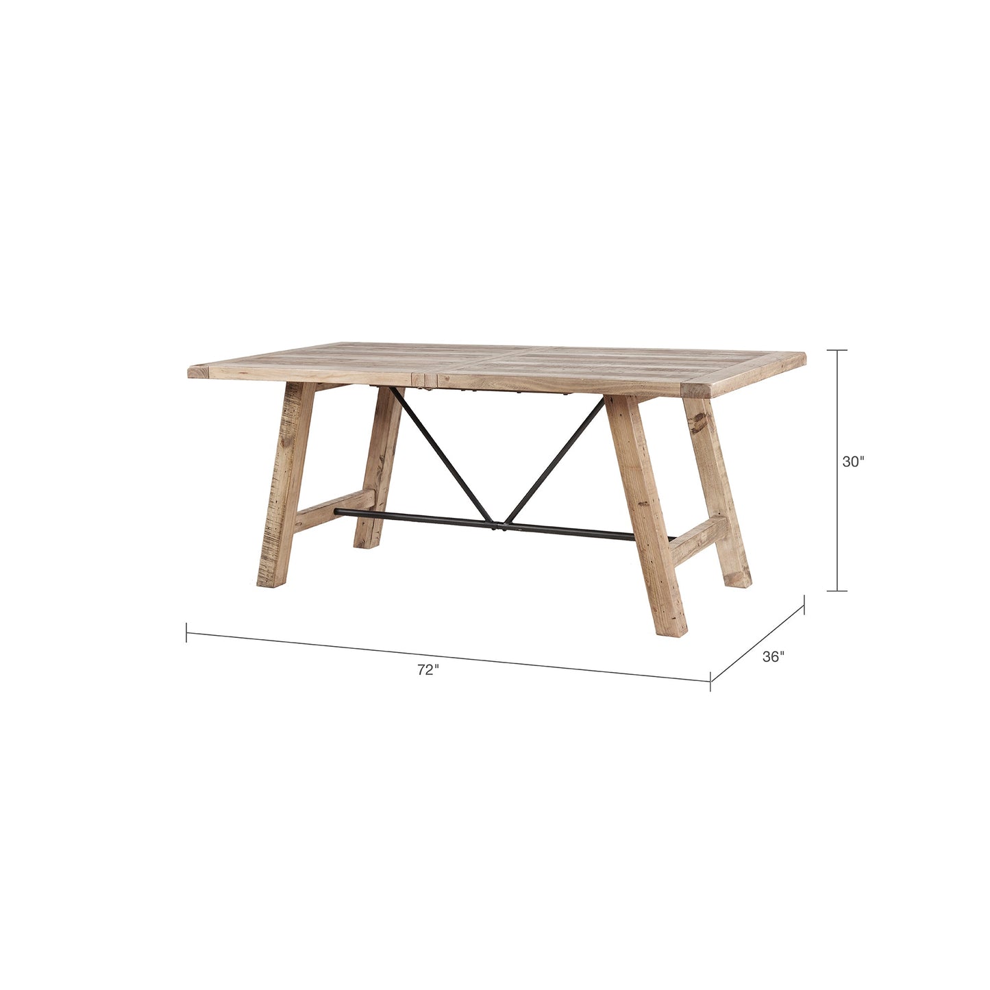 Rustic Dining Table with Metal Support in Natural Pine Wood Finish, 72 x 36 inches - 1st Choice Furniture Direct