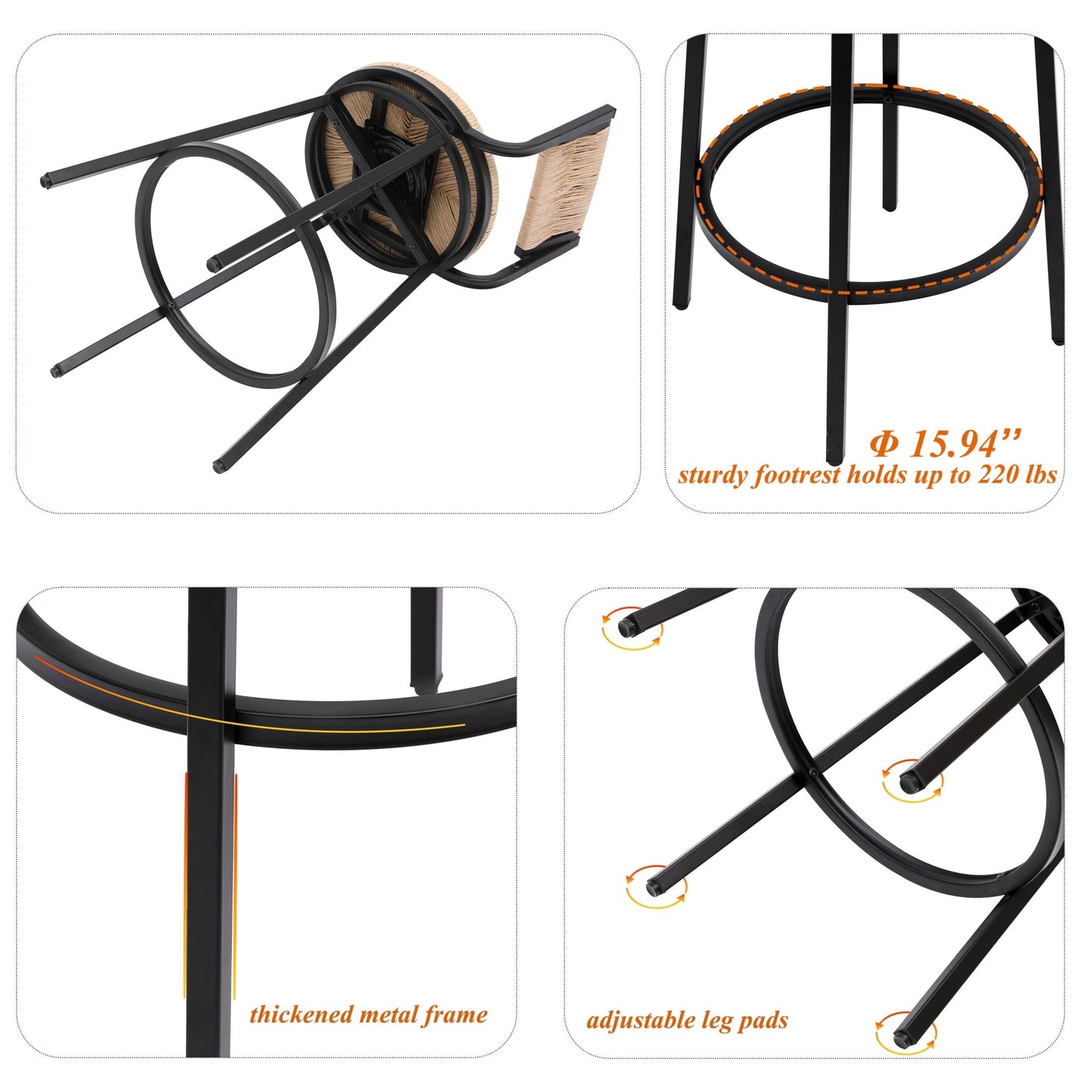 Rustic Honey Swivel Bar Stools with Handwoven Paper Rope Back and Seat in Black Metal Frame, Set of 2 - 1st Choice Furniture Direct