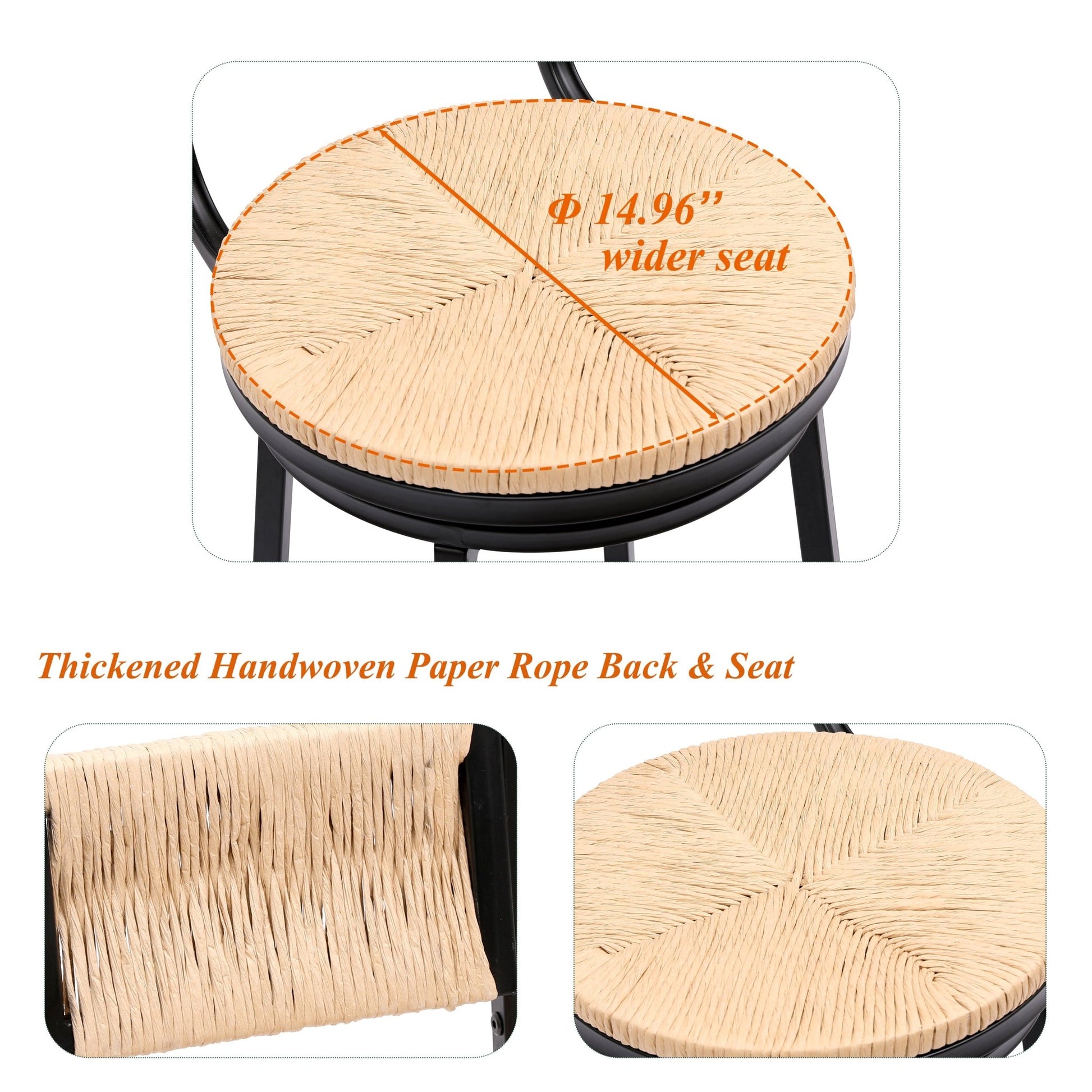 Rustic Honey Swivel Bar Stools with Handwoven Paper Rope Back and Seat in Black Metal Frame, Set of 2 - 1st Choice Furniture Direct