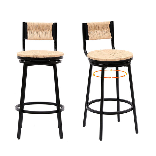 Rustic Honey Swivel Bar Stools with Handwoven Paper Rope Back and Seat in Black Metal Frame, Set of 2 - 1st Choice Furniture Direct