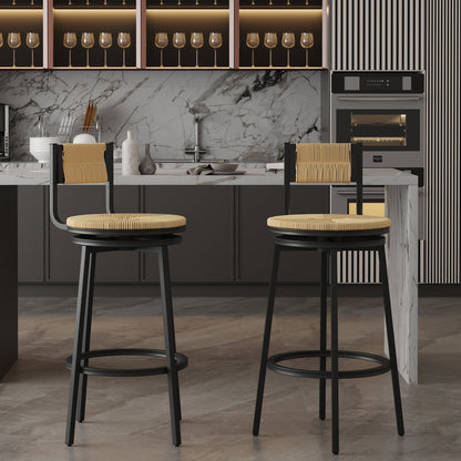 Rustic Honey Swivel Bar Stools with Handwoven Paper Rope Back and Seat in Black Metal Frame, Set of 2 - 1st Choice Furniture Direct