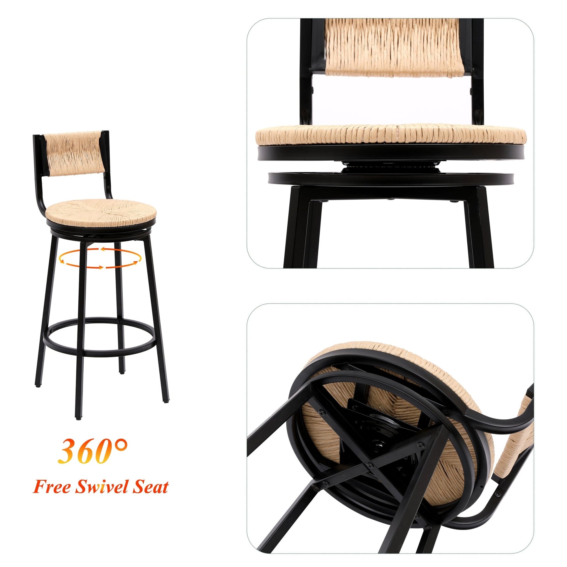 Rustic Honey Swivel Bar Stools with Handwoven Paper Rope Back and Seat in Black Metal Frame, Set of 2 - 1st Choice Furniture Direct