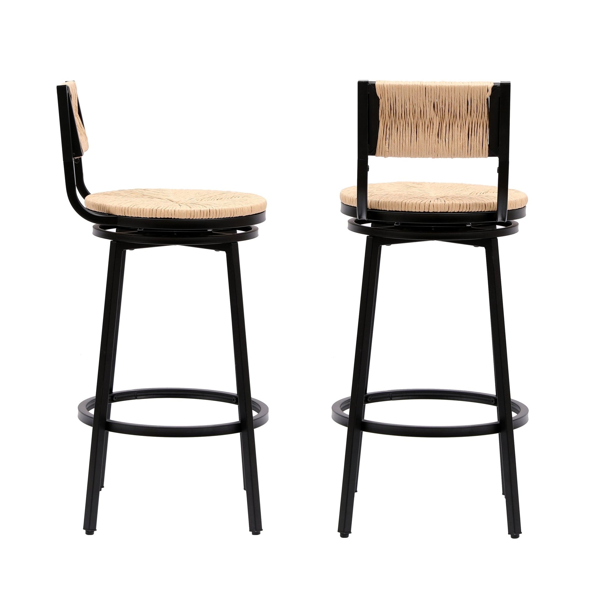 Rustic Honey Swivel Bar Stools with Handwoven Paper Rope Back and Seat in Black Metal Frame, Set of 2 - 1st Choice Furniture Direct