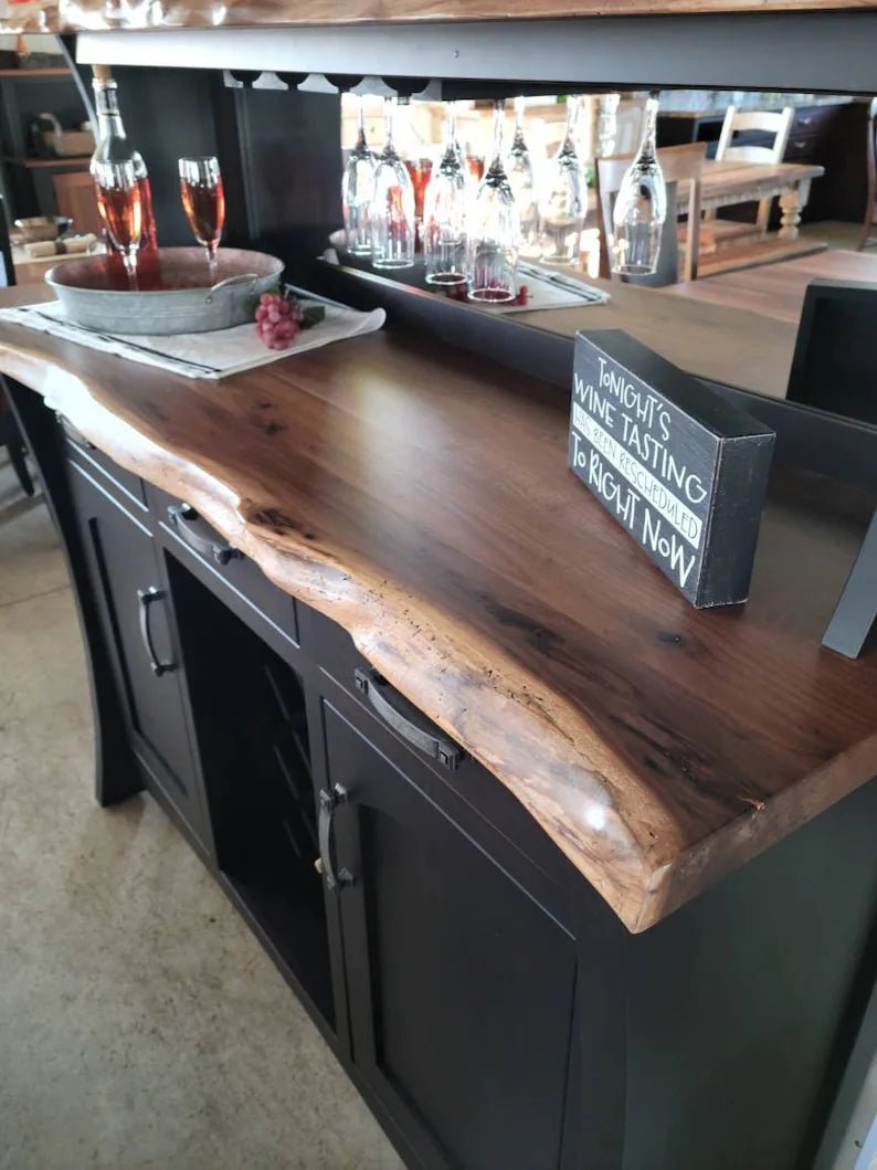 Rustic Live Edge Oak Wine Buffet Cabinet with Mirror | Handmade Wood Wine Bar Console - 1st Choice Furniture Direct