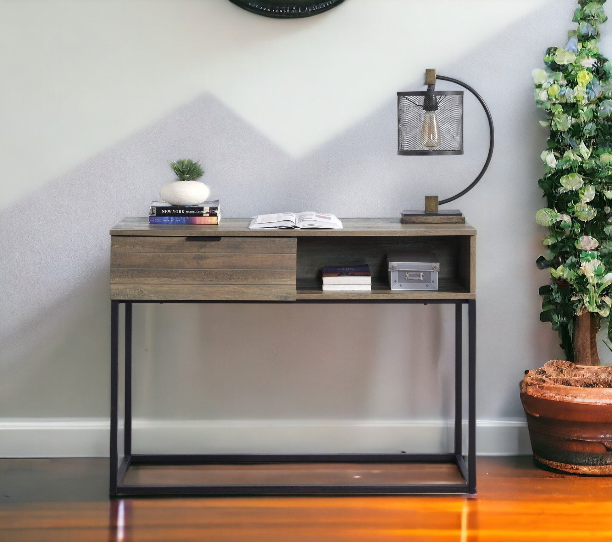 Rustic Oak Industrial Writing Desk with Storage Cabinet - 1st Choice Furniture Direct