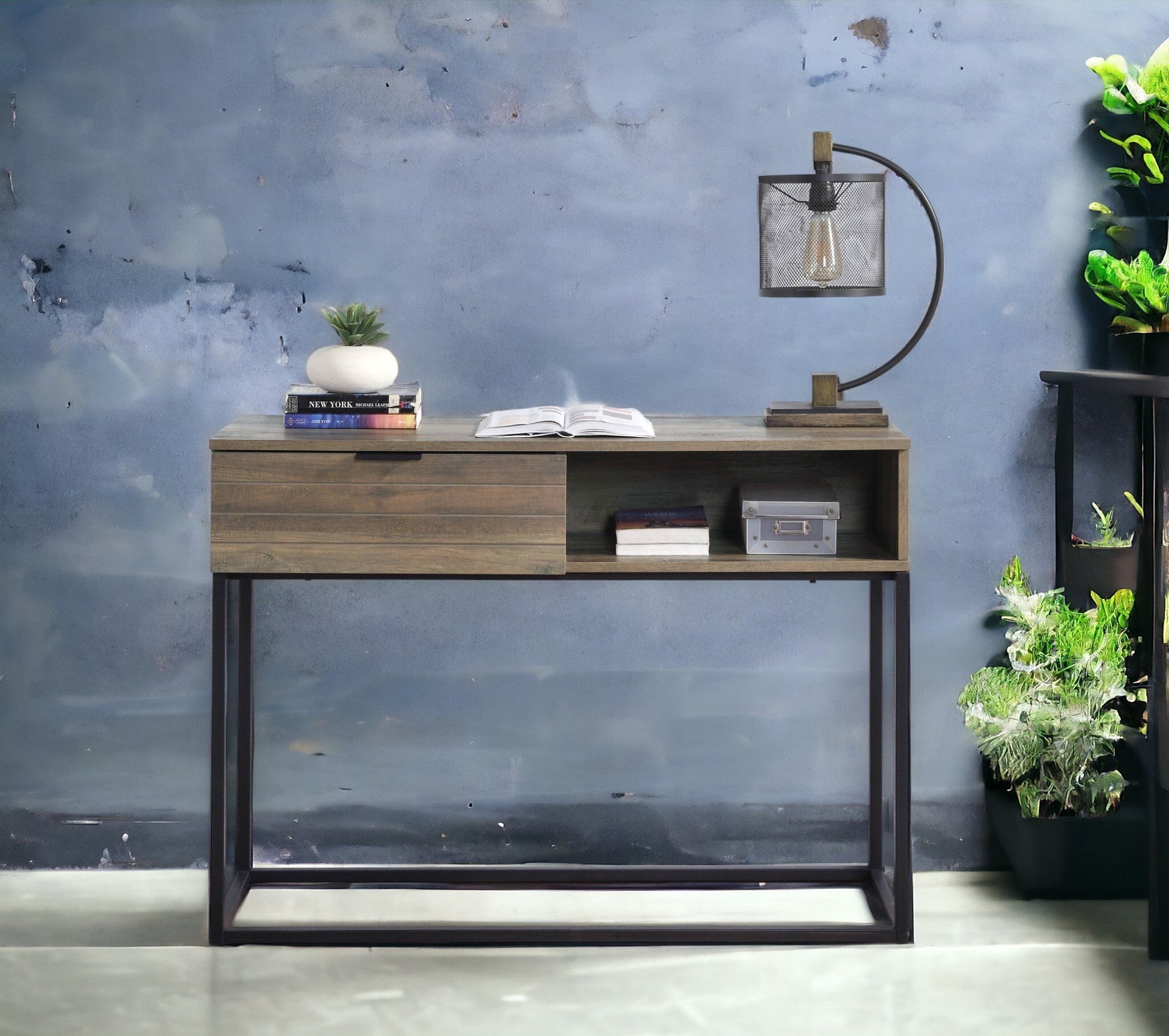 Rustic Oak Industrial Writing Desk with Storage Cabinet - 1st Choice Furniture Direct