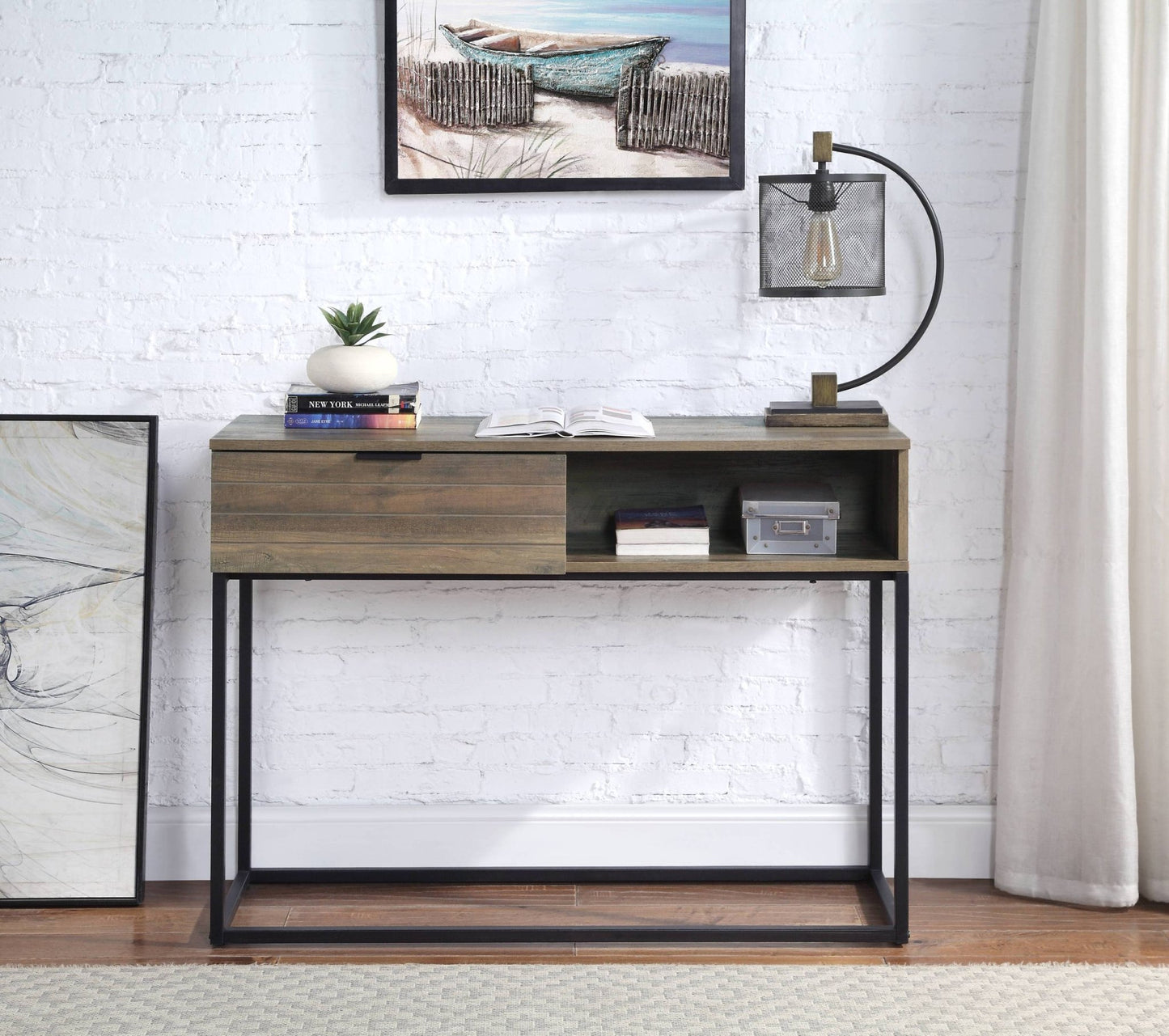 Rustic Oak Industrial Writing Desk with Storage Cabinet - 1st Choice Furniture Direct