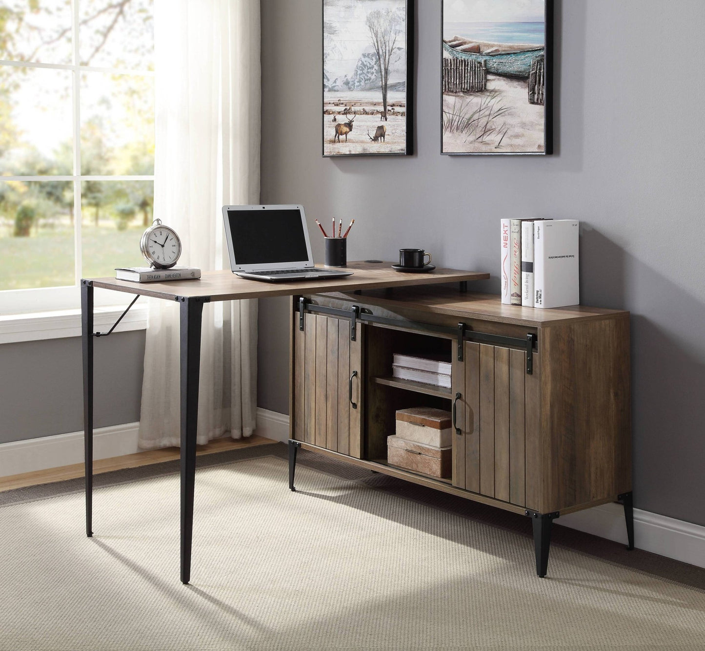Rustic Oak L-Shaped Writing Desk with Barn Door - 1st Choice Furniture Direct
