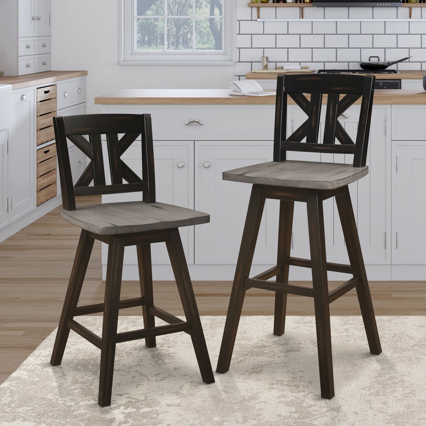 Rustic Swivel Bar Height Chairs Set of 2 | Solid Wood X - Back Bar Stools 29” Seat Height - 1st Choice Furniture Direct