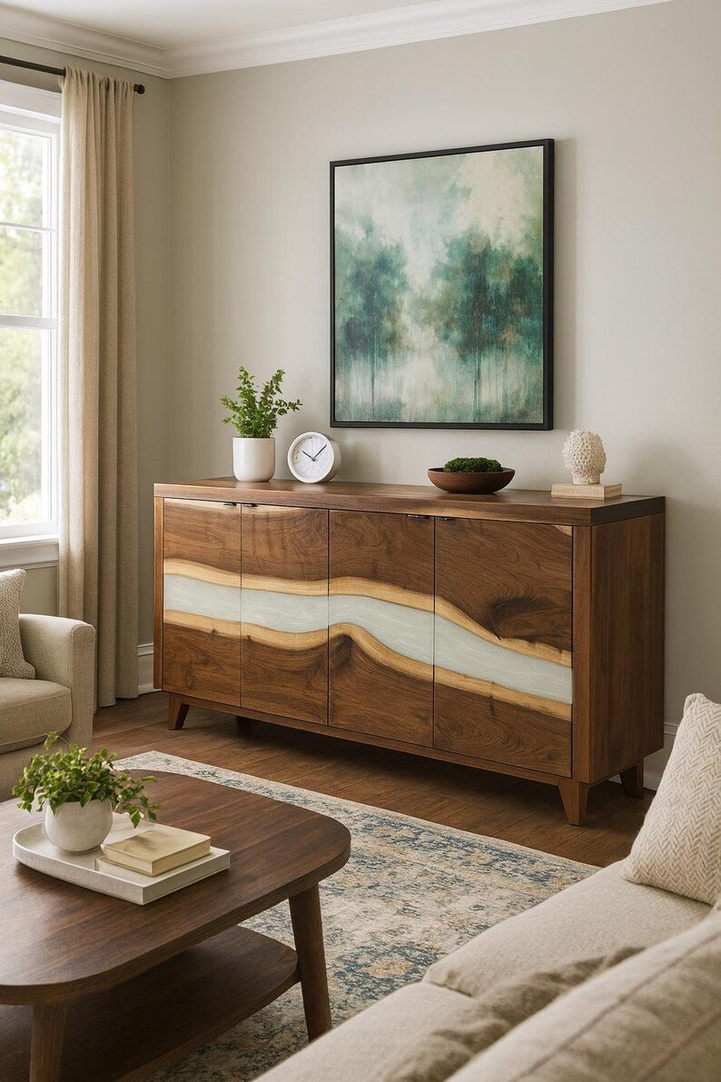 Rustic Walnut Sideboard with Epoxy River – Live Edge Storage Cabinet - 1st Choice Furniture Direct