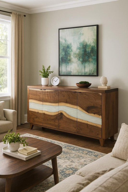 Rustic Walnut Sideboard with Epoxy River – Live Edge Storage Cabinet - 1st Choice Furniture Direct