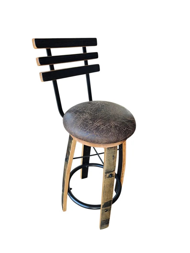 Rustic Whiskey Barrel Stave Bar Stool with Cushioned Seat - 1st Choice Furniture Direct