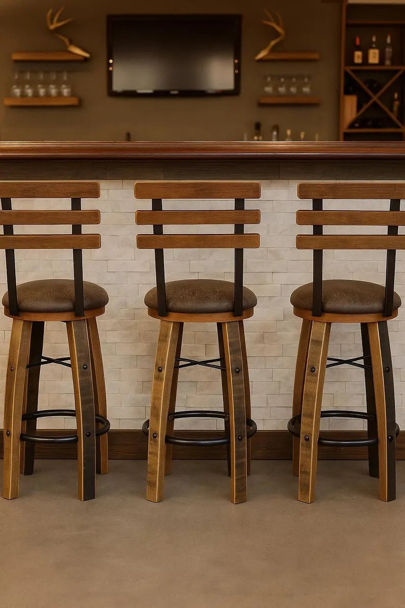 Rustic Whiskey Barrel Stave Bar Stool with Cushioned Seat - 1st Choice Furniture Direct