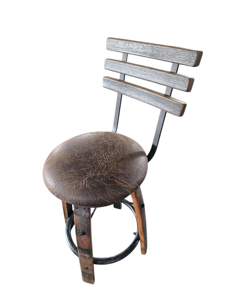 Rustic Whiskey Barrel Stave Bar Stool with Cushioned Seat - 1st Choice Furniture Direct
