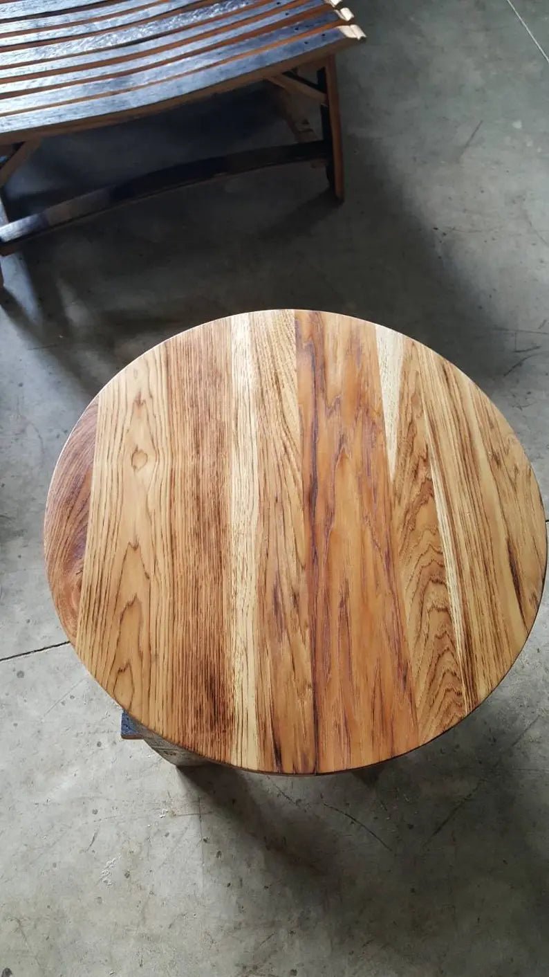 Rustic Whiskey Barrel Stave End Table with Burnt Hickory Top - 1st Choice Furniture Direct