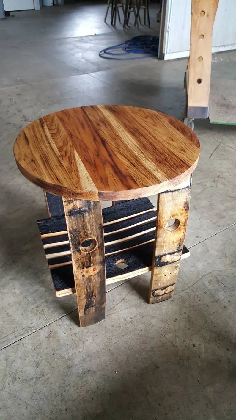 Rustic Whiskey Barrel Stave End Table with Burnt Hickory Top - 1st Choice Furniture Direct