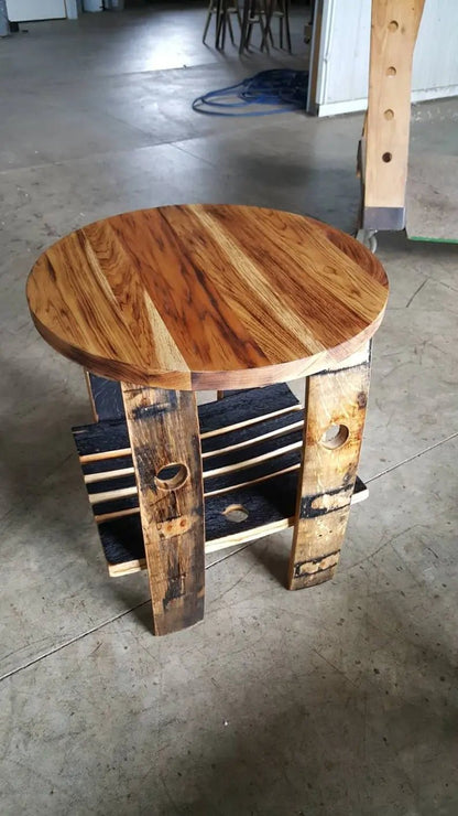 Rustic Whiskey Barrel Stave End Table with Burnt Hickory Top - 1st Choice Furniture Direct
