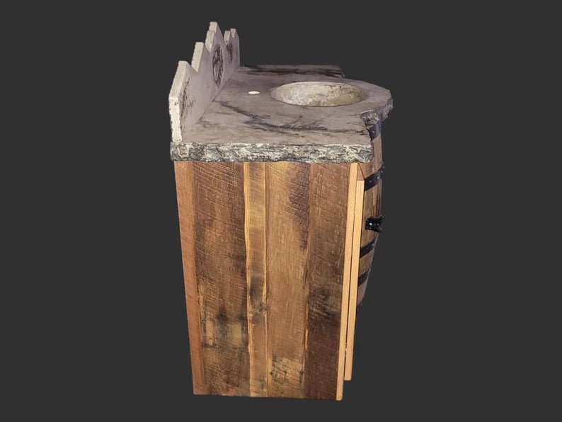 Rustic Whiskey Barrel Vanity with Concrete Sink & Bear Backsplash - 1st Choice Furniture Direct