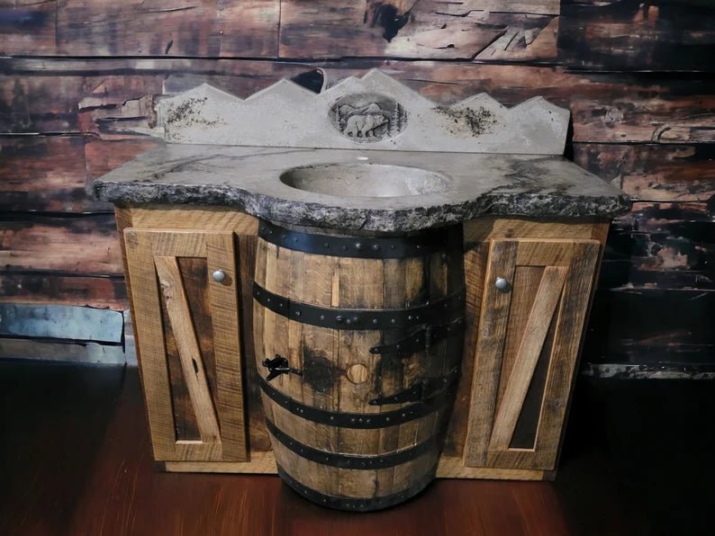 Rustic Whiskey Barrel Vanity with Concrete Sink & Bear Backsplash - 1st Choice Furniture Direct